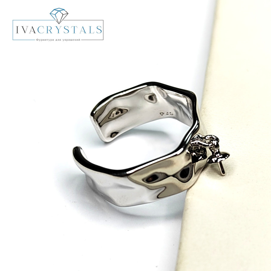 Кольцо-основа Мятый металл со штифтом для вклейки покрытие Родий