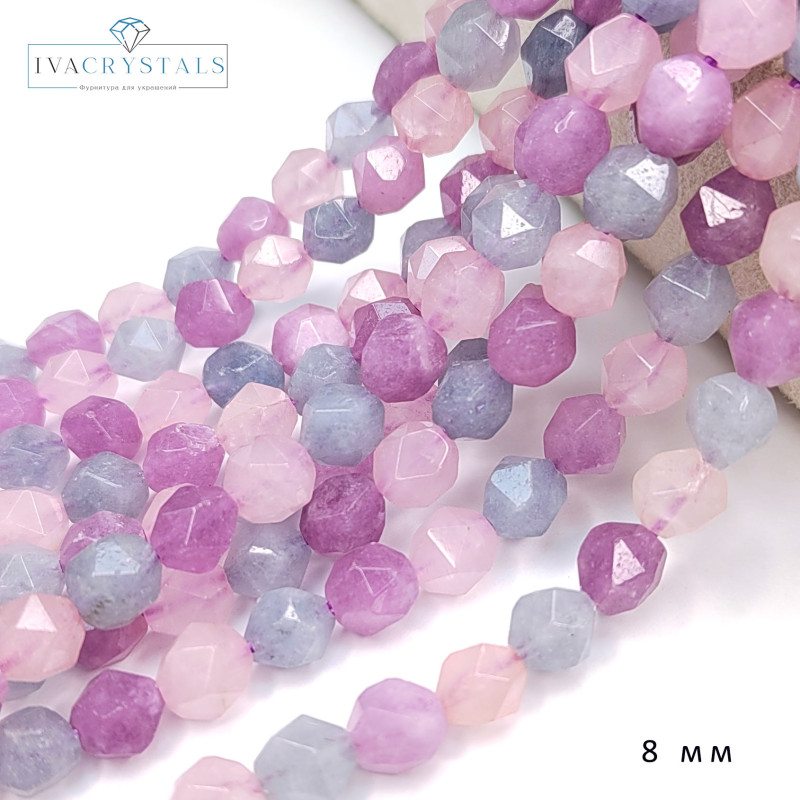 Микс 8 мм натуральные камни в огранке (аметист, розовый кварц, аквамарин)