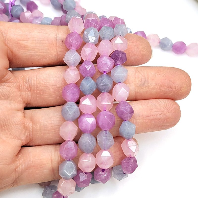 Микс 8 мм натуральные камни в огранке (аметист, розовый кварц, аквамарин)
