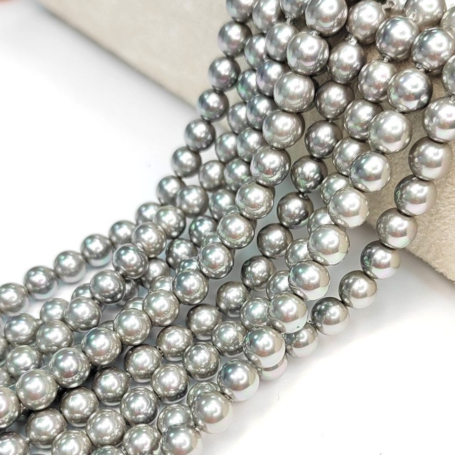 6 мм Жемчуг Майорка LUX Металлик, серебристый серый, нить 39-40 см