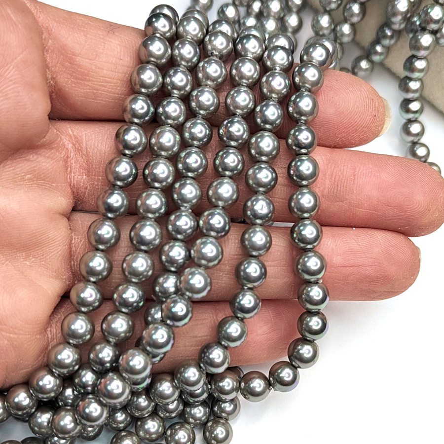 6 мм Жемчуг Майорка LUX Металлик, серебристый серый, нить 39-40 см