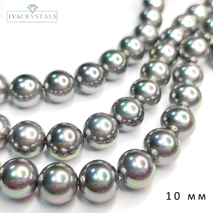 10 мм Жемчуг Майорка LUX Металлик, серебристый серый, НИТЬ 39-40 см