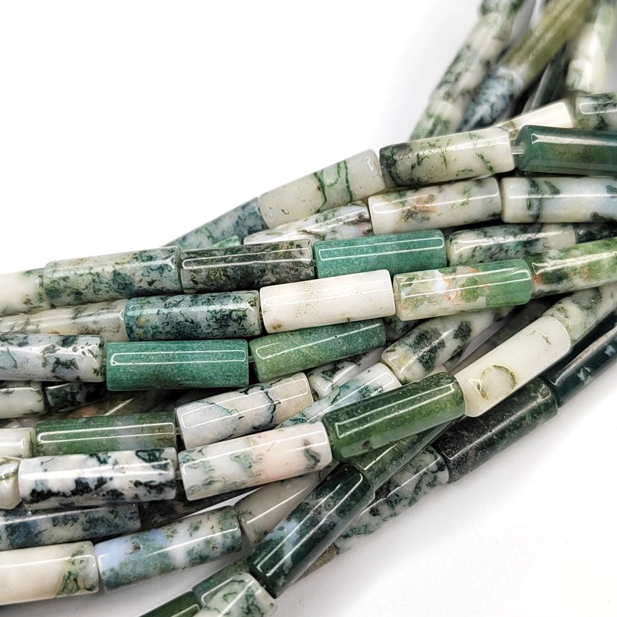 Моховой агат натуральный 13х4 мм бусины, Трубочки
