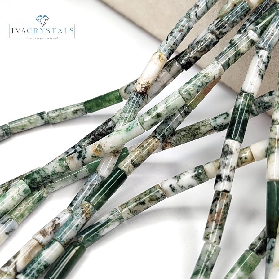 Моховой агат натуральный 13х4 мм бусины, Трубочки
