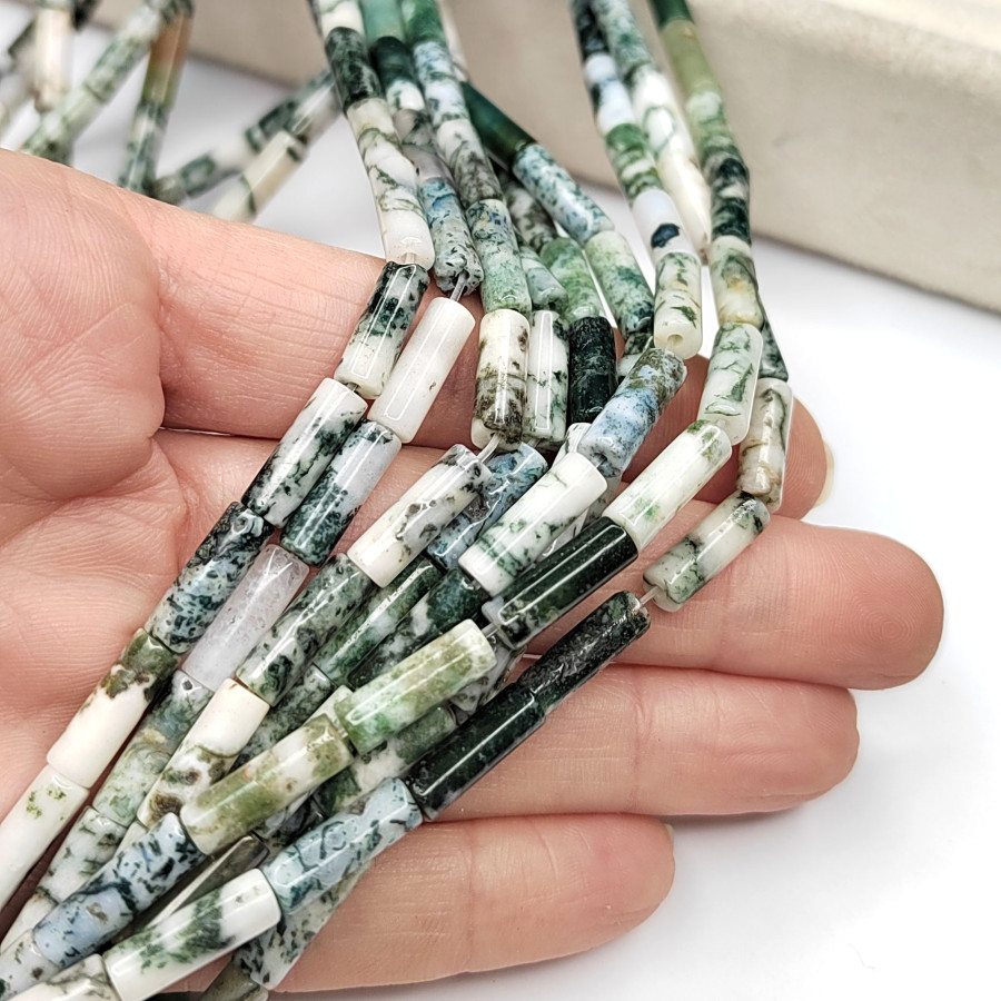 Моховой агат натуральный 13х4 мм бусины, Трубочки