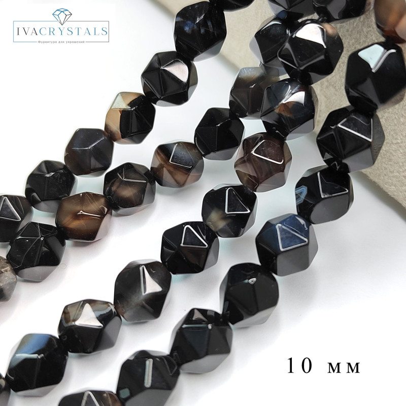 Агат черный натуральный, бусины граненые