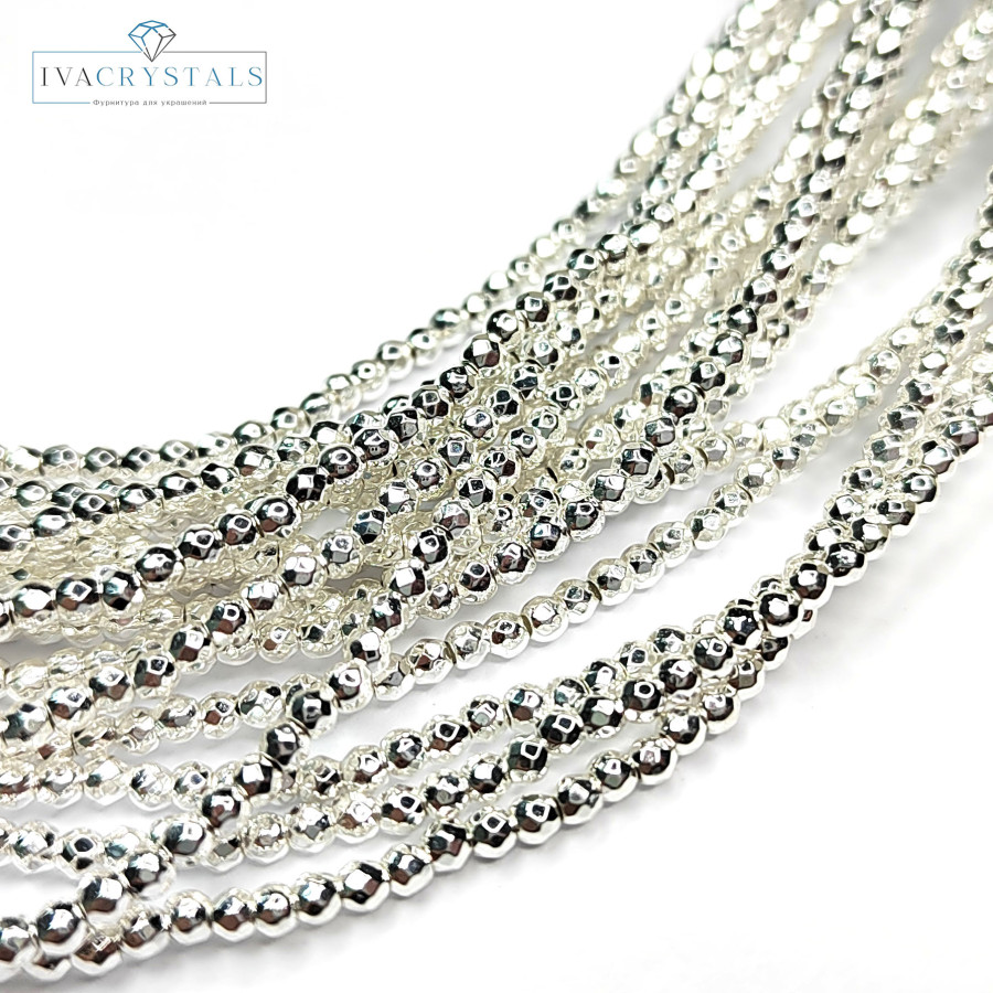 2 мм Гематит граненый, нить 40 см Светлое серебро