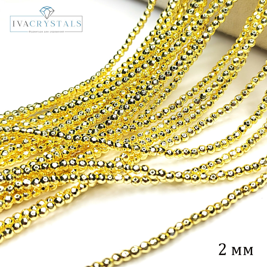 2 мм Гематит граненый, нить 40 см Светлая позолота