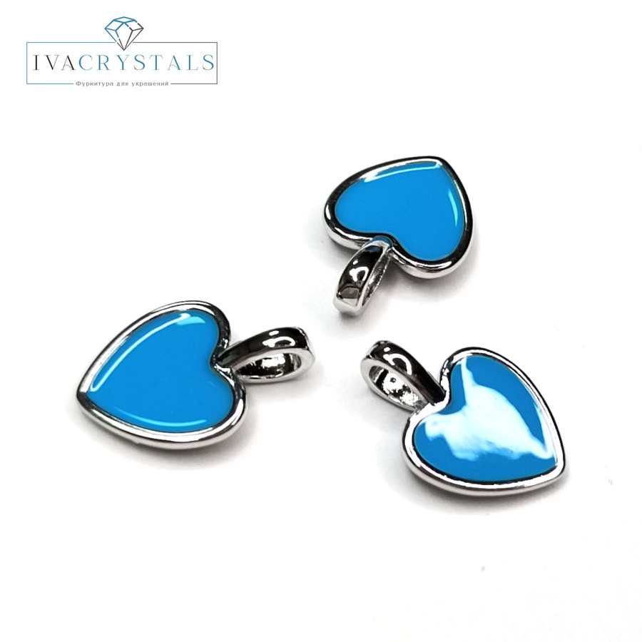 Подвеска Сердце 14х10 мм с голубой эмалью, штука покрытие Родий