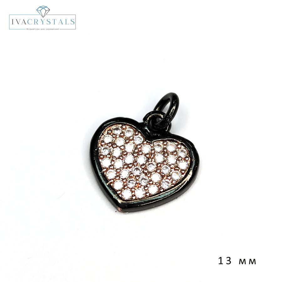 Подвеска Сердце с фианитами, 13 мм Черная оправа / Розовое золото 