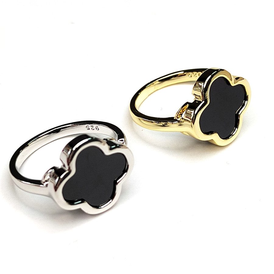 Кольцо Клевер с черной керамикой, безразмерное