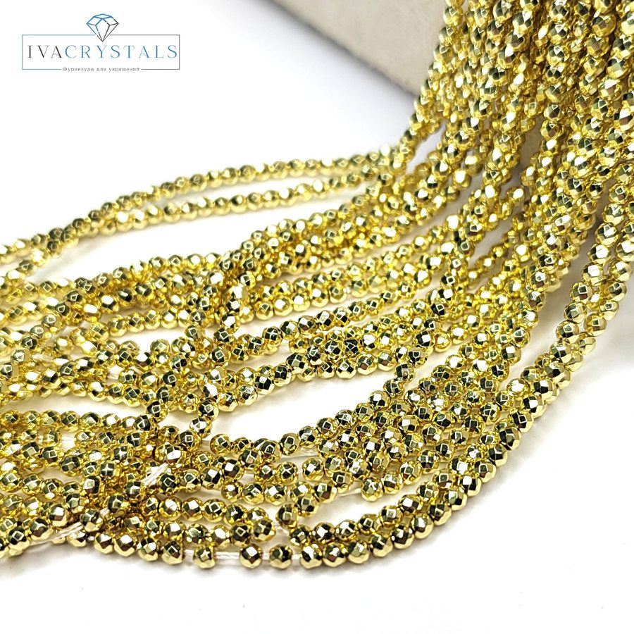 Пирит 2 мм в огранке, Цвет Жёлтое золото, нить 42 см