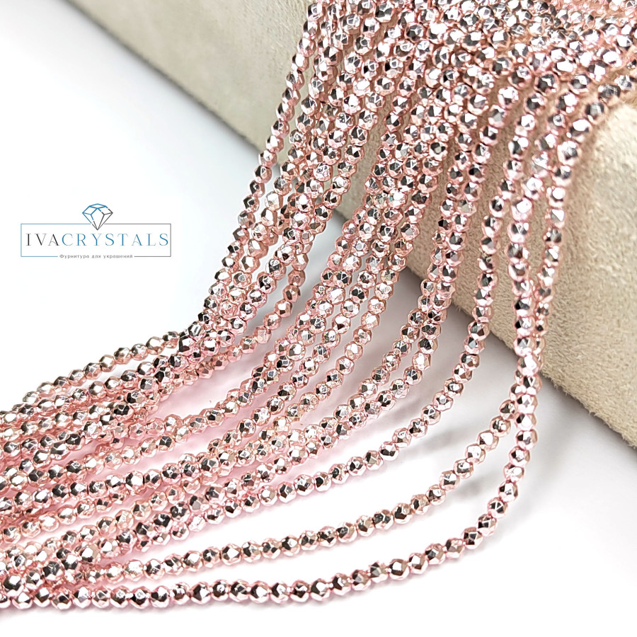 Пирит 2 мм в огранке, Цвет Розовый, нить 42 см