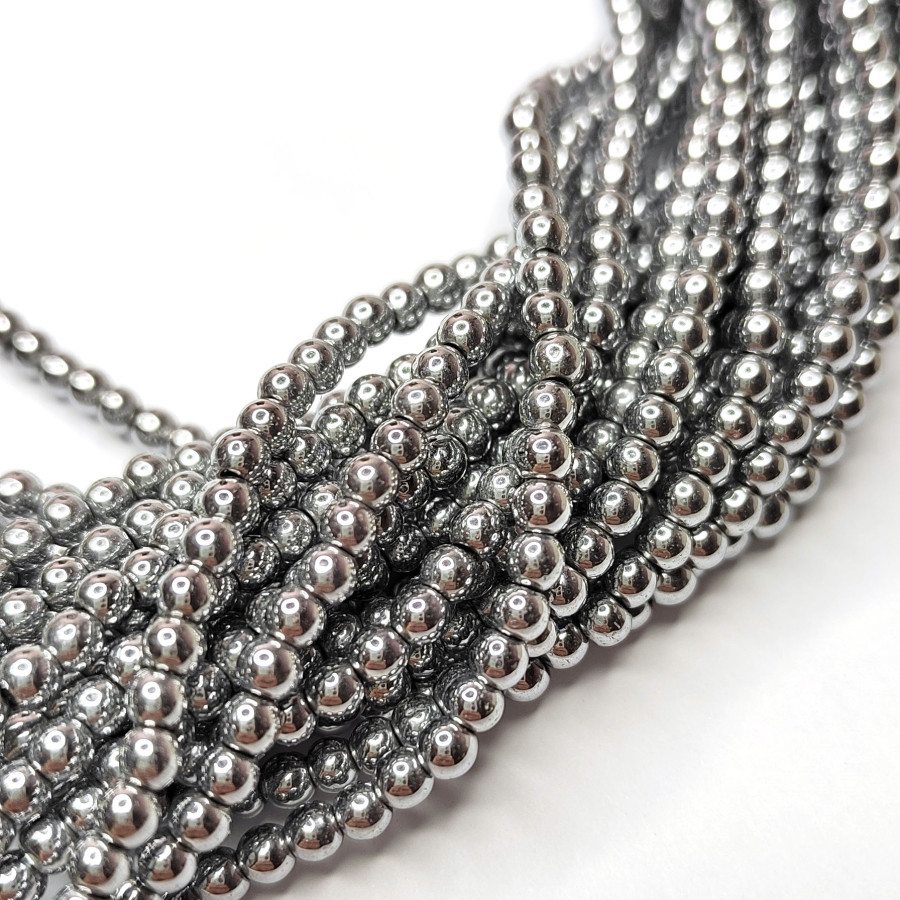 4 мм Гематит гладкий шар, нить 40 см Родий