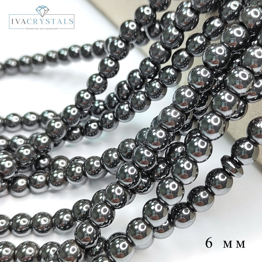 6 мм Гематит гладкий шар, нить 40 см Черный