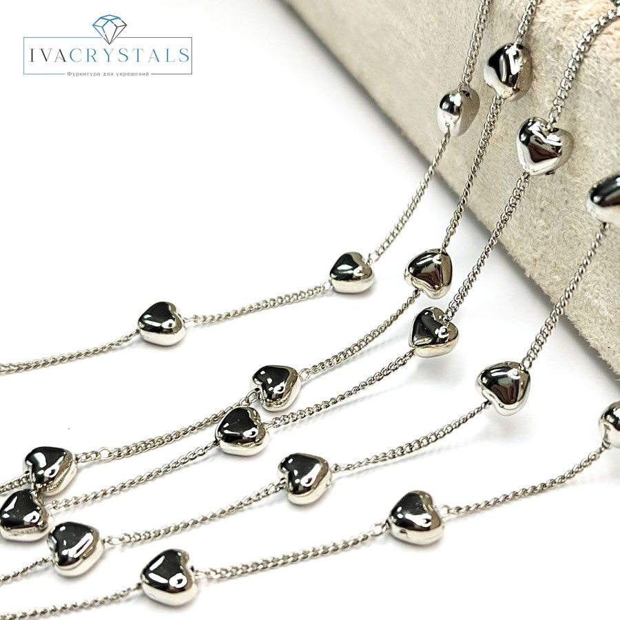 Цепь тонкая 1,5 мм со вставками из Сердечек, 20 см Родий