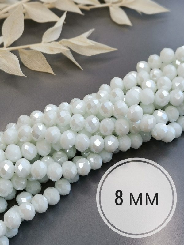 Рондели стеклянные белые АВ 8 мм, бусины с сиянием, нить