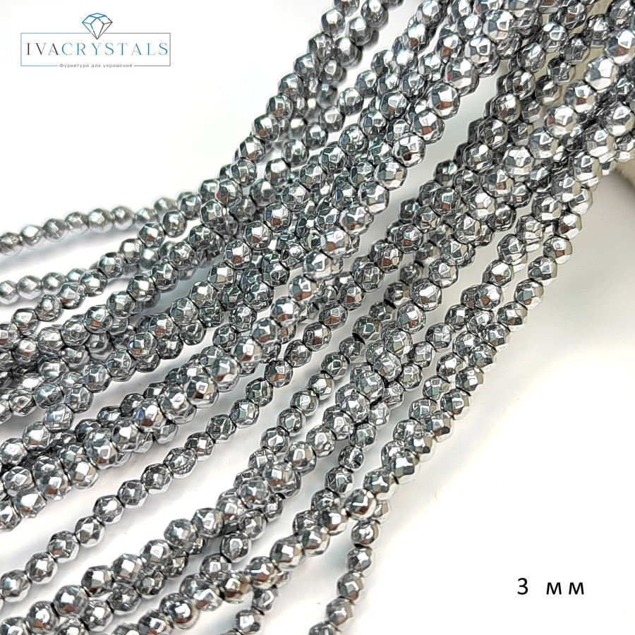 3 мм Гематит граненый, нить 40 см Родий