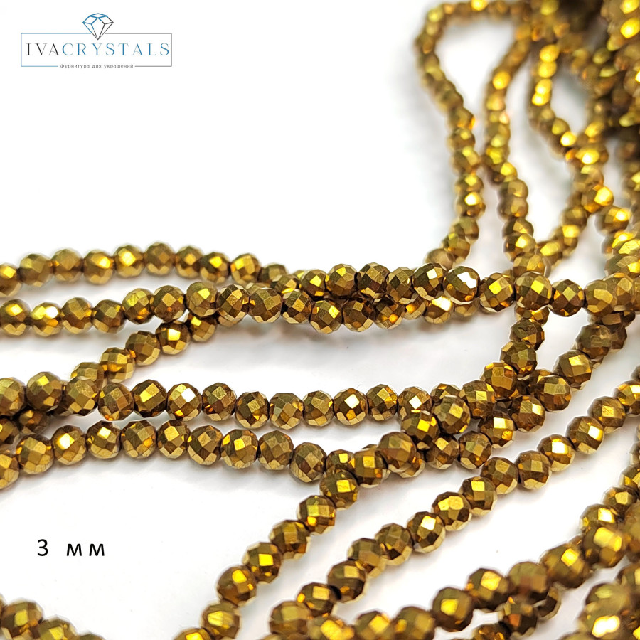 3 мм Гематит граненый, нить 40 см Позолота