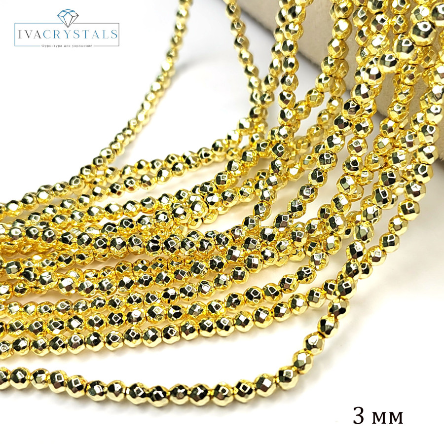 3 мм Гематит граненый, нить 40 см Светлая позолота