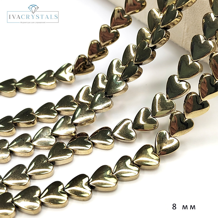 Гематит Сердечки 8 мм, нить 40 см покрытие Позолота