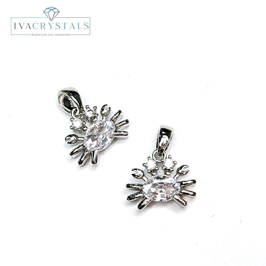 Подвеска 13х11 мм Крабик с фианитами, штука покрытие Родий