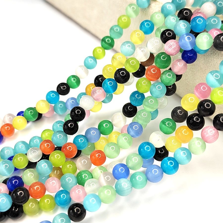 Кошачий глаз 6 мм, бусины гладкий шар, цвет МИКС, нить 38-39 см