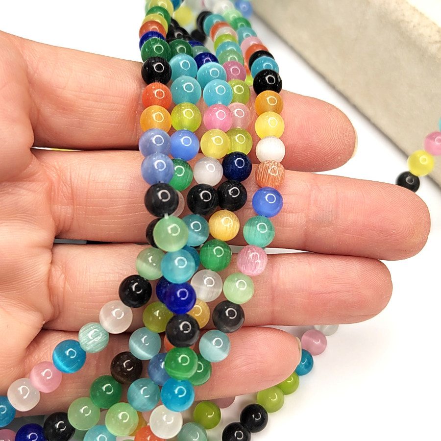 Кошачий глаз 6 мм, бусины гладкий шар, цвет МИКС, нить 38-39 см