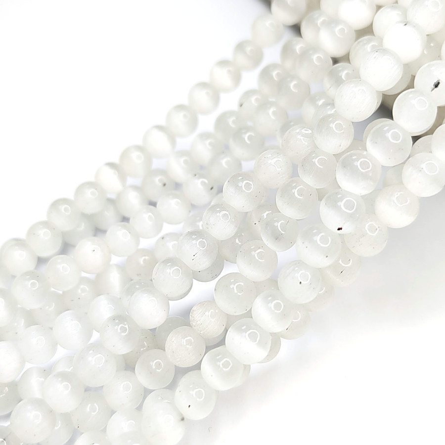 Кошачий глаз 6 мм, бусины гладкий шар, цвет БЕЛЫЙ, нить 38-39 см
