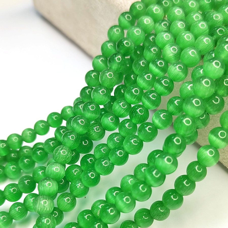 Кошачий глаз 6 мм, бусины гладкий шар, цвет Зелёный, нить 38-39 см