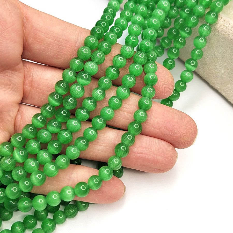 Кошачий глаз 6 мм, бусины гладкий шар, цвет Зелёный, нить 38-39 см