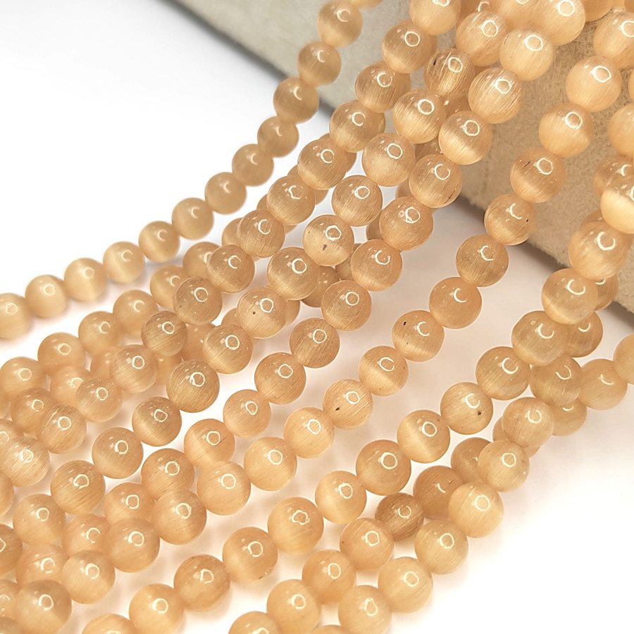 Кошачий глаз 6 мм, бусины гладкий шар, цвет Карамельный, нить 38-39 см