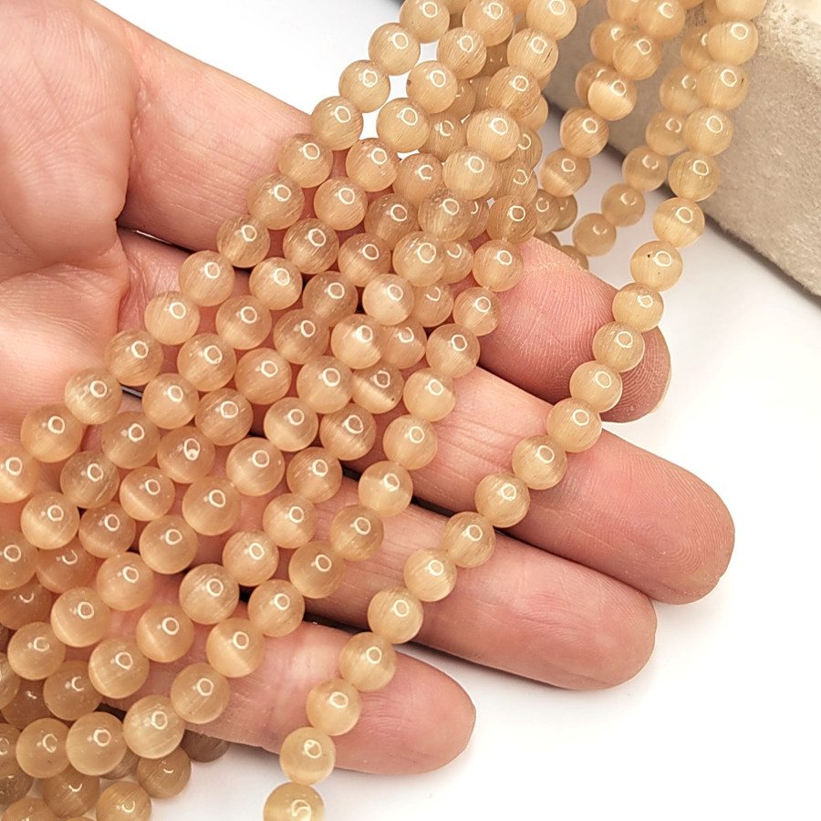 Кошачий глаз 6 мм, бусины гладкий шар, цвет Карамельный, нить 38-39 см