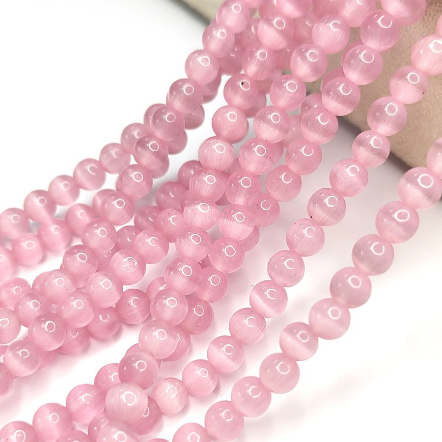 Кошачий глаз 6 мм, бусины гладкий шар, цвет Розовый, нить 38-39 см