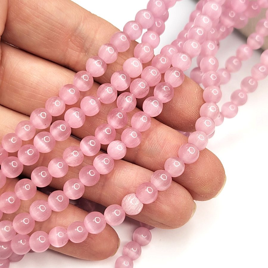 Кошачий глаз 6 мм, бусины гладкий шар, цвет Розовый, нить 38-39 см