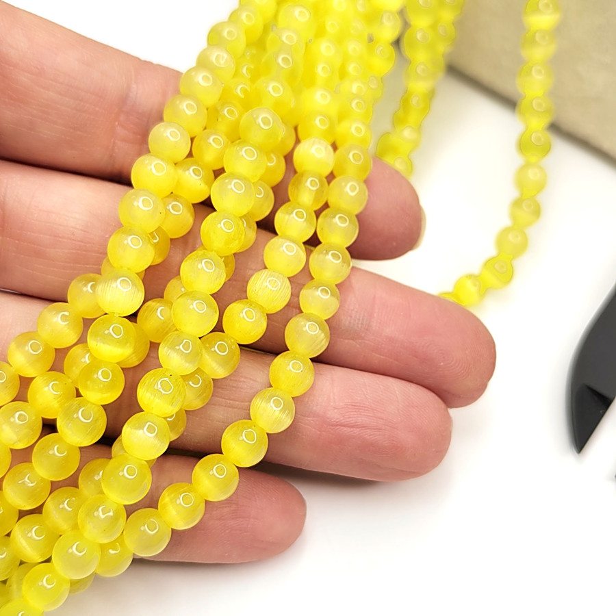 Кошачий глаз 6 мм, бусины гладкий шар, цвет Жёлтый, нить 38-39 см