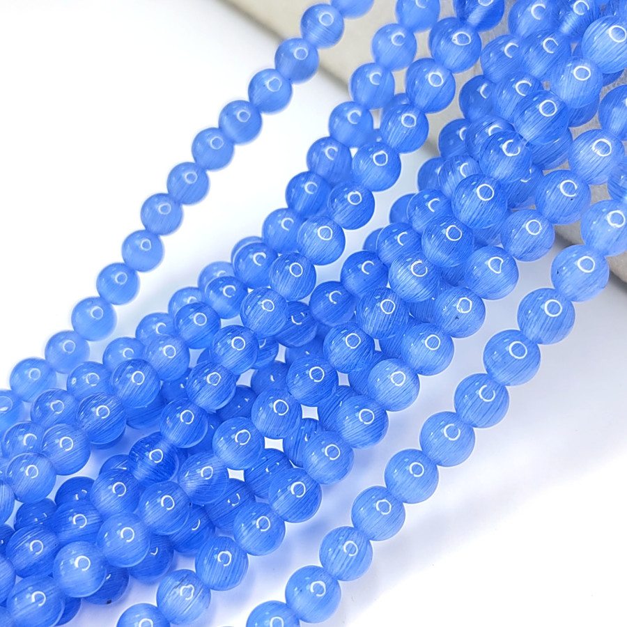 Кошачий глаз 6 мм, бусины гладкий шар, цвет Голубой, нить 38-39 см