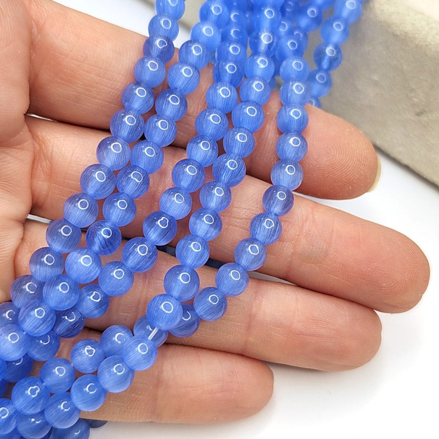 Кошачий глаз 6 мм, бусины гладкий шар, цвет Голубой, нить 38-39 см