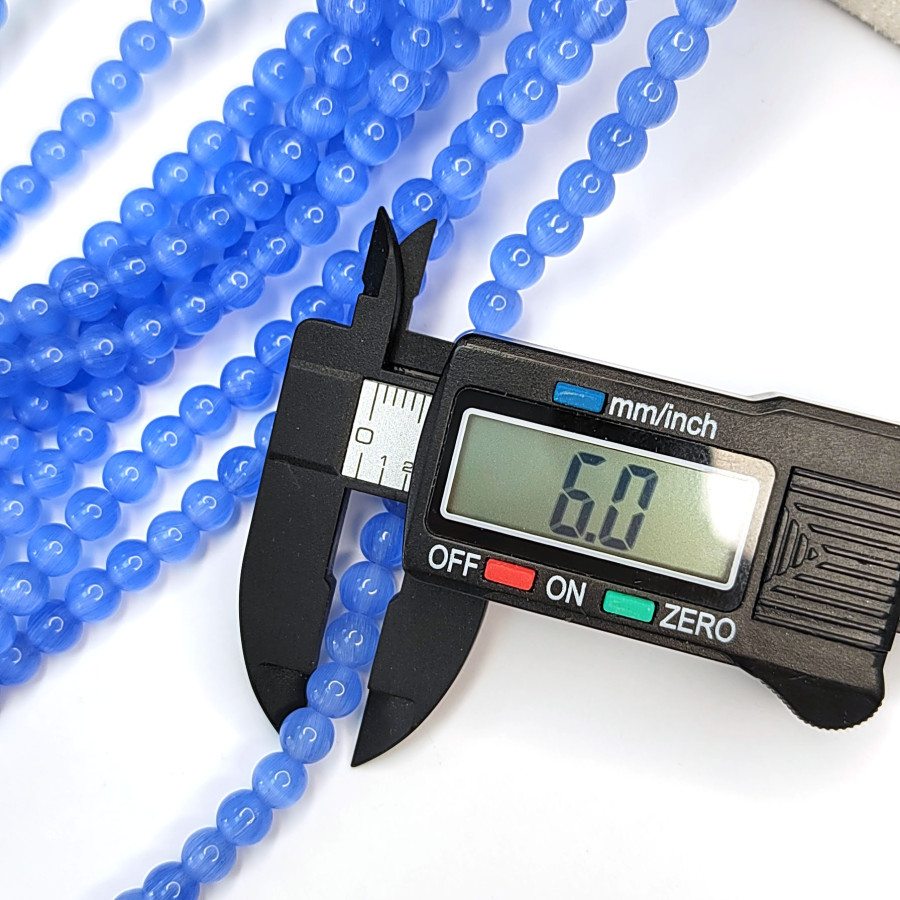 Кошачий глаз 6 мм, бусины гладкий шар, цвет Голубой, нить 38-39 см