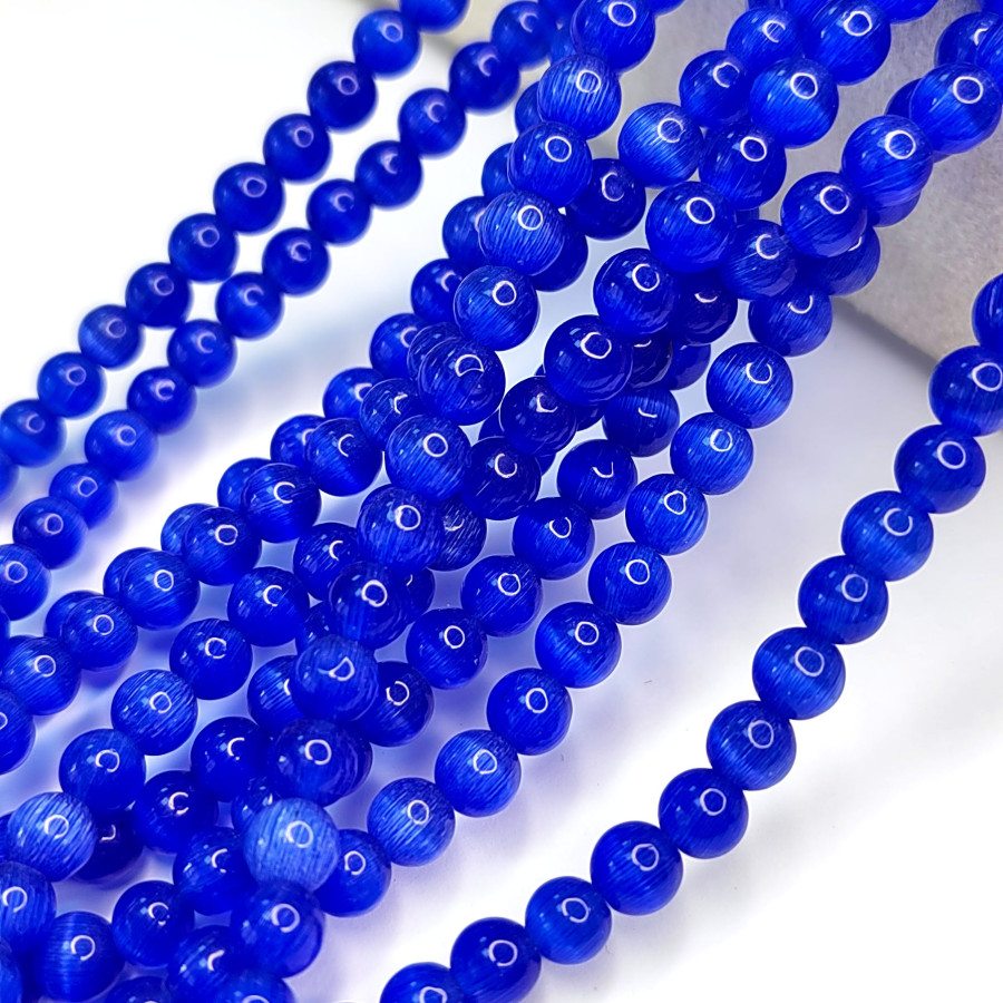 Кошачий глаз 6 мм, бусины гладкий шар, цвет Синий, нить 38-39 см