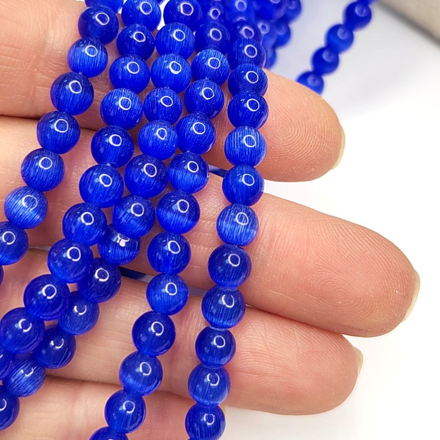Кошачий глаз 6 мм, бусины гладкий шар, цвет Синий, нить 38-39 см