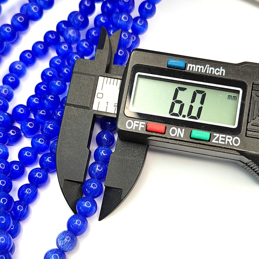 Кошачий глаз 6 мм, бусины гладкий шар, цвет Синий, нить 38-39 см