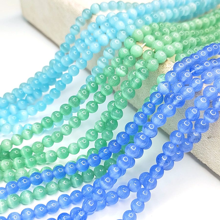 Кошачий глаз 6 мм, бусины гладкий шар, цвет Мятный, нить 38-39 см