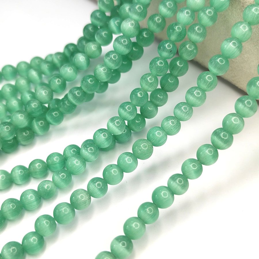 Кошачий глаз 6 мм, бусины гладкий шар, цвет Мятный, нить 38-39 см