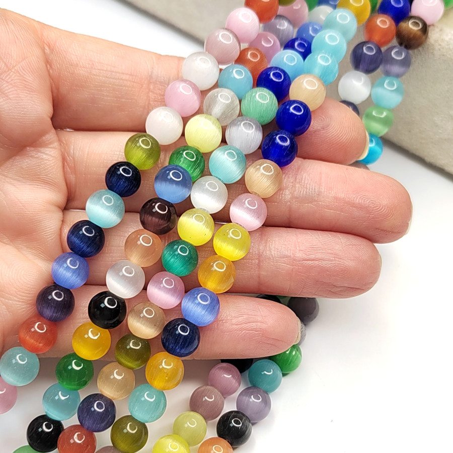 8 мм Кошачий глаз, бусины гладкий шар, цвет МИКС, нить 36-37 см