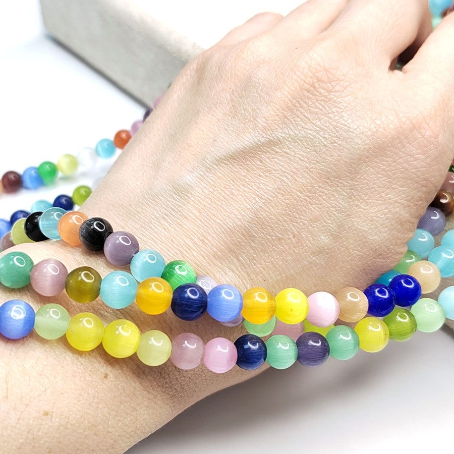 8 мм Кошачий глаз, бусины гладкий шар, цвет МИКС, нить 36-37 см