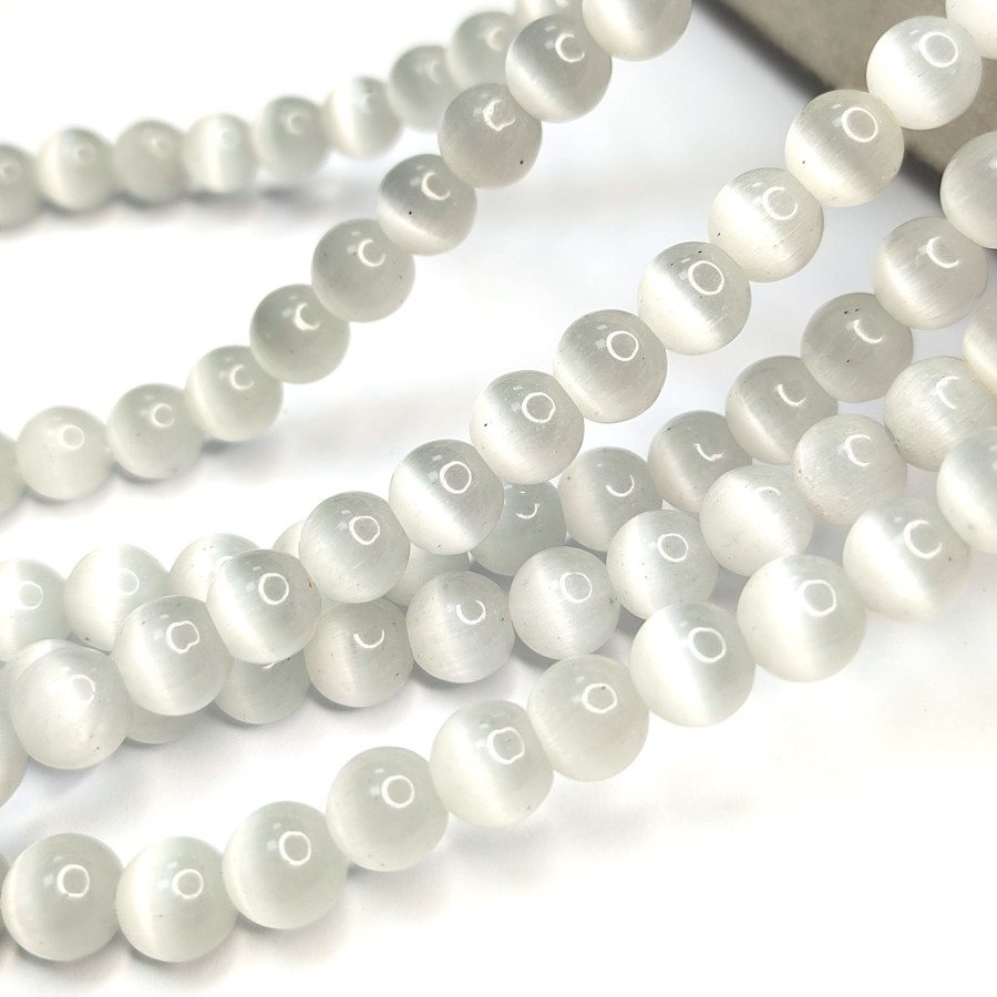 8 мм Кошачий глаз, бусины гладкий шар, цвет Белый, нить 36-37 см