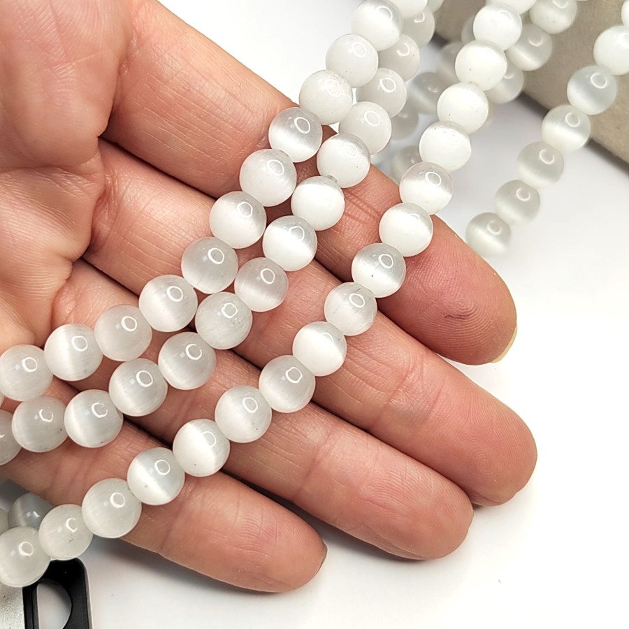 8 мм Кошачий глаз, бусины гладкий шар, цвет Белый, нить 36-37 см