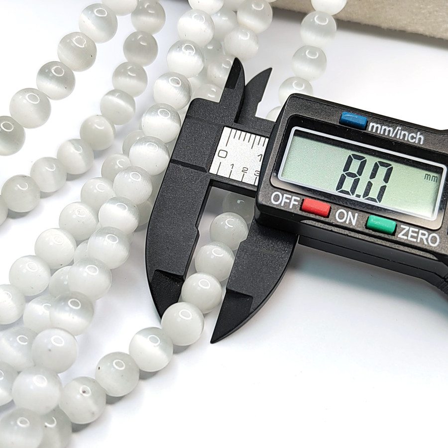 8 мм Кошачий глаз, бусины гладкий шар, цвет Белый, нить 36-37 см