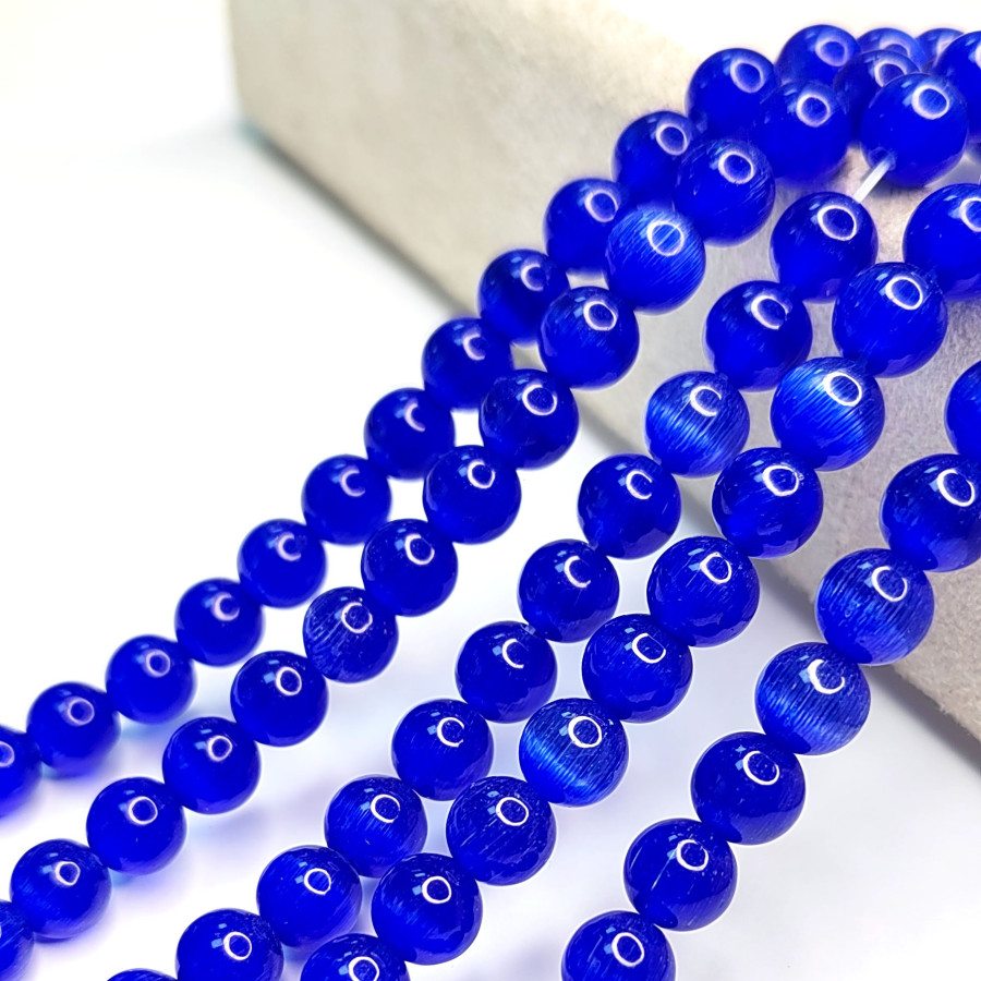 8 мм Кошачий глаз, бусины гладкий шар, цвет Синий, нить 36-37 см